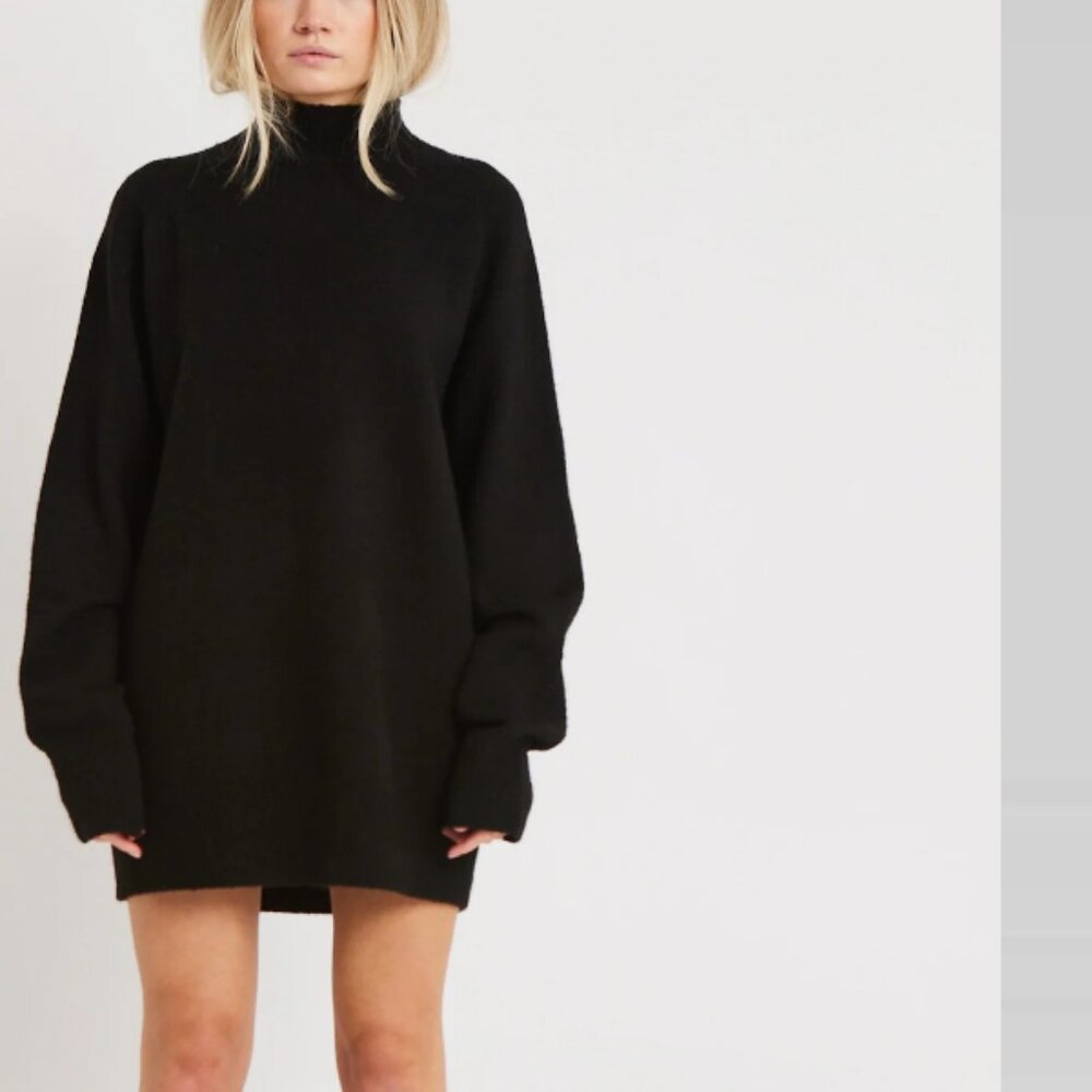Boa Soft Brushed‎ Knit High Neck Mini Jumper Dress Black XS